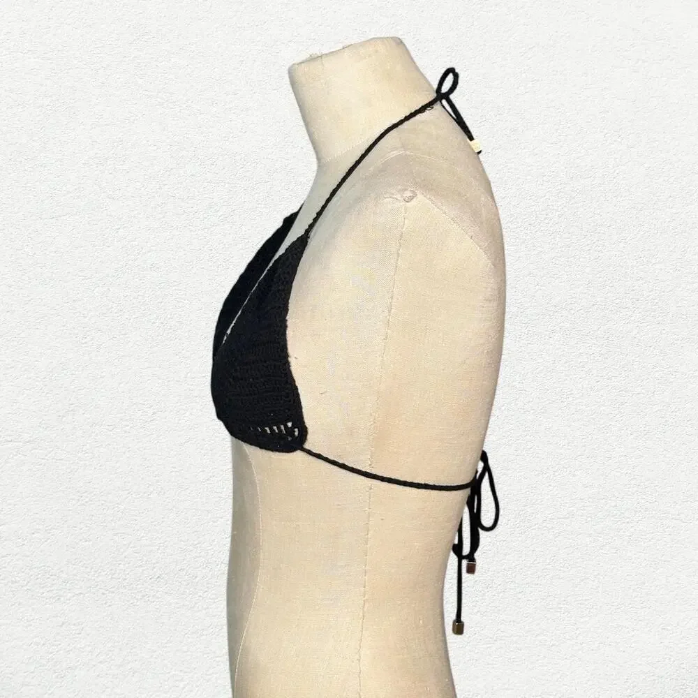 Heart of Sun Sol Triangle Bikini Top in Black Noir Crochet